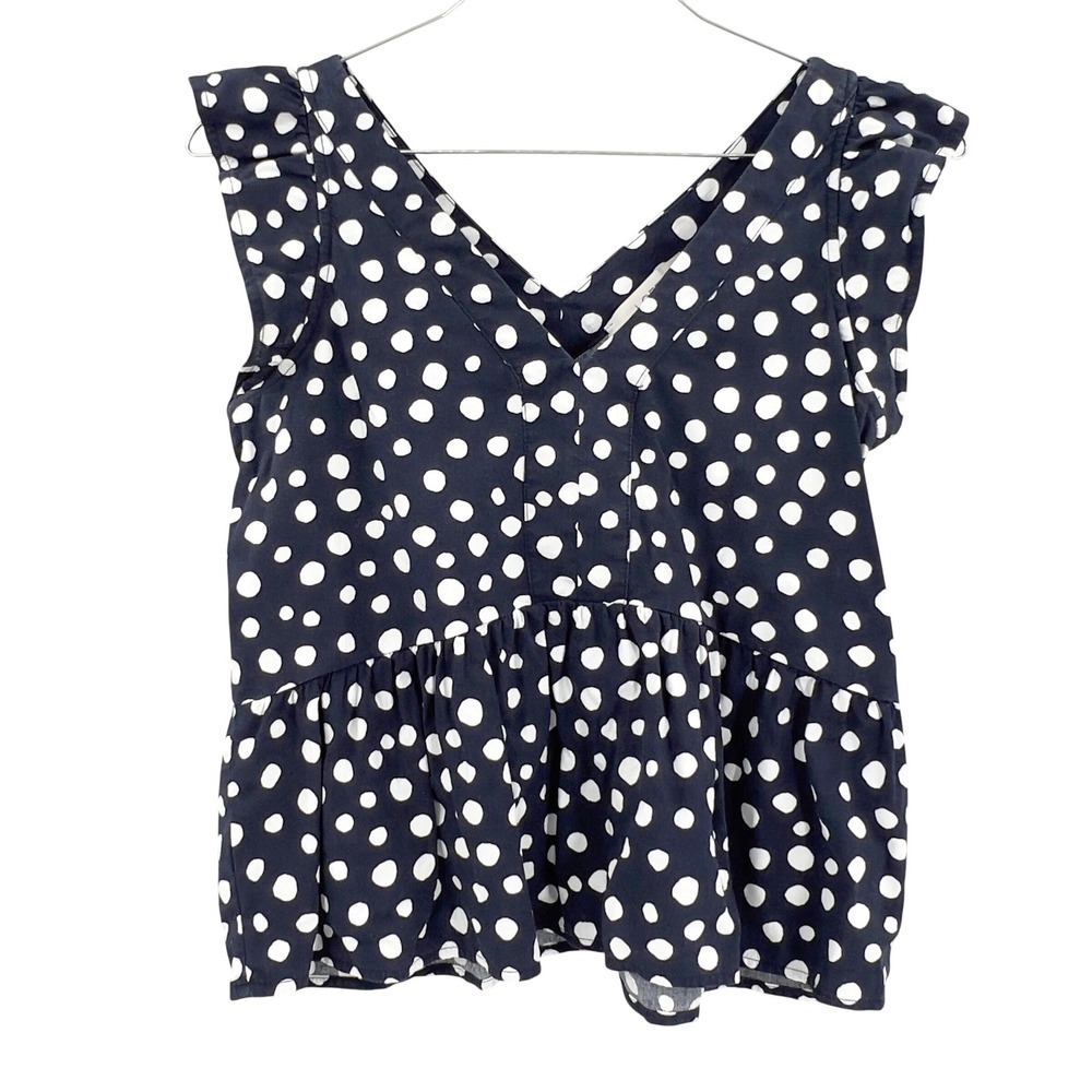 LOFT Women's Navy White Polka Dot Top Ruffle Sleeveless‎ Peplum Blouse S